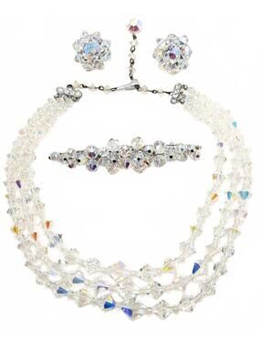 Vintage AB Crystal Glass Necklace Brooch Earring Set Triple Strand Bridal Glam